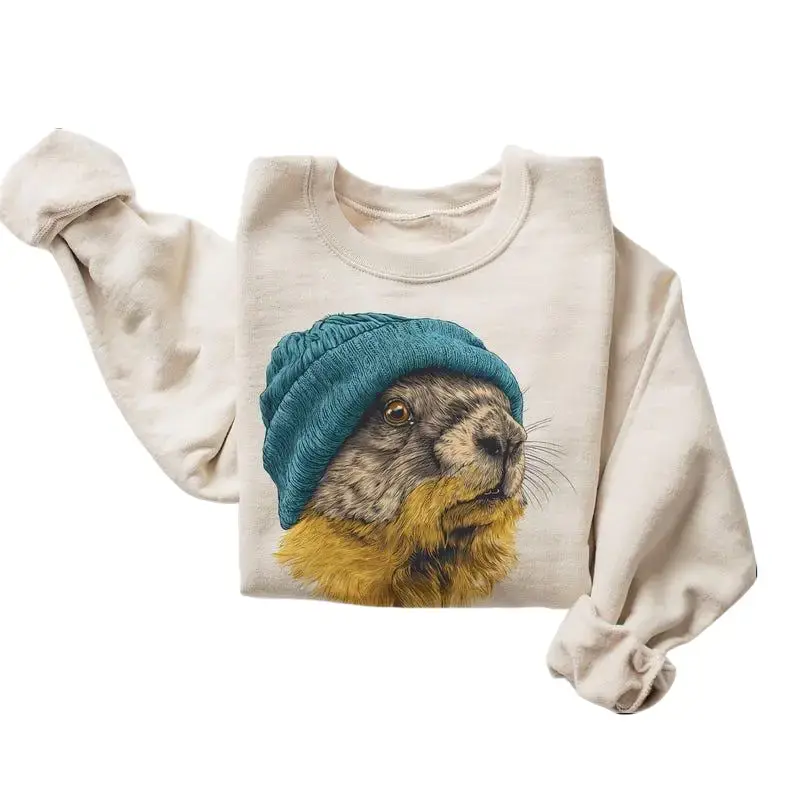Women's Retro Yellow Bellied Marmot Beanie-Wearing Vintage Wildlife Casual Cotton Long Sleeve Hoodie Tops, Unisex Sweatshirt DICH #2354