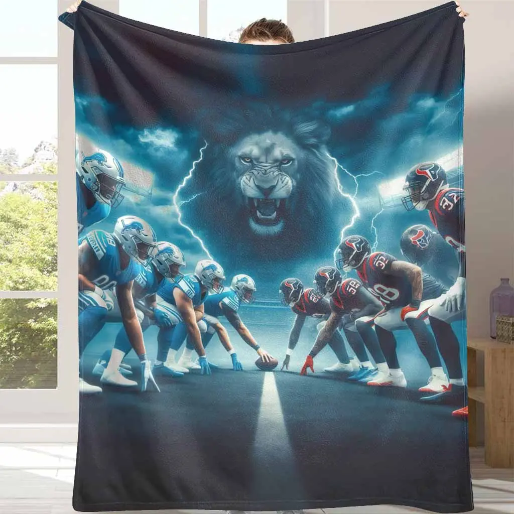 American Football Flannel Throw Blanket - Lions vs Texans Gridiron Showdown Team Print, Patterned Wrap, Football Pattern, Sports Logo, Durable Fabric, Soft Cozy Warm, Ideal for Sofa, Perfect Gift for Team Fans, Patterned Wrap Blankets, Football Pattern Bl