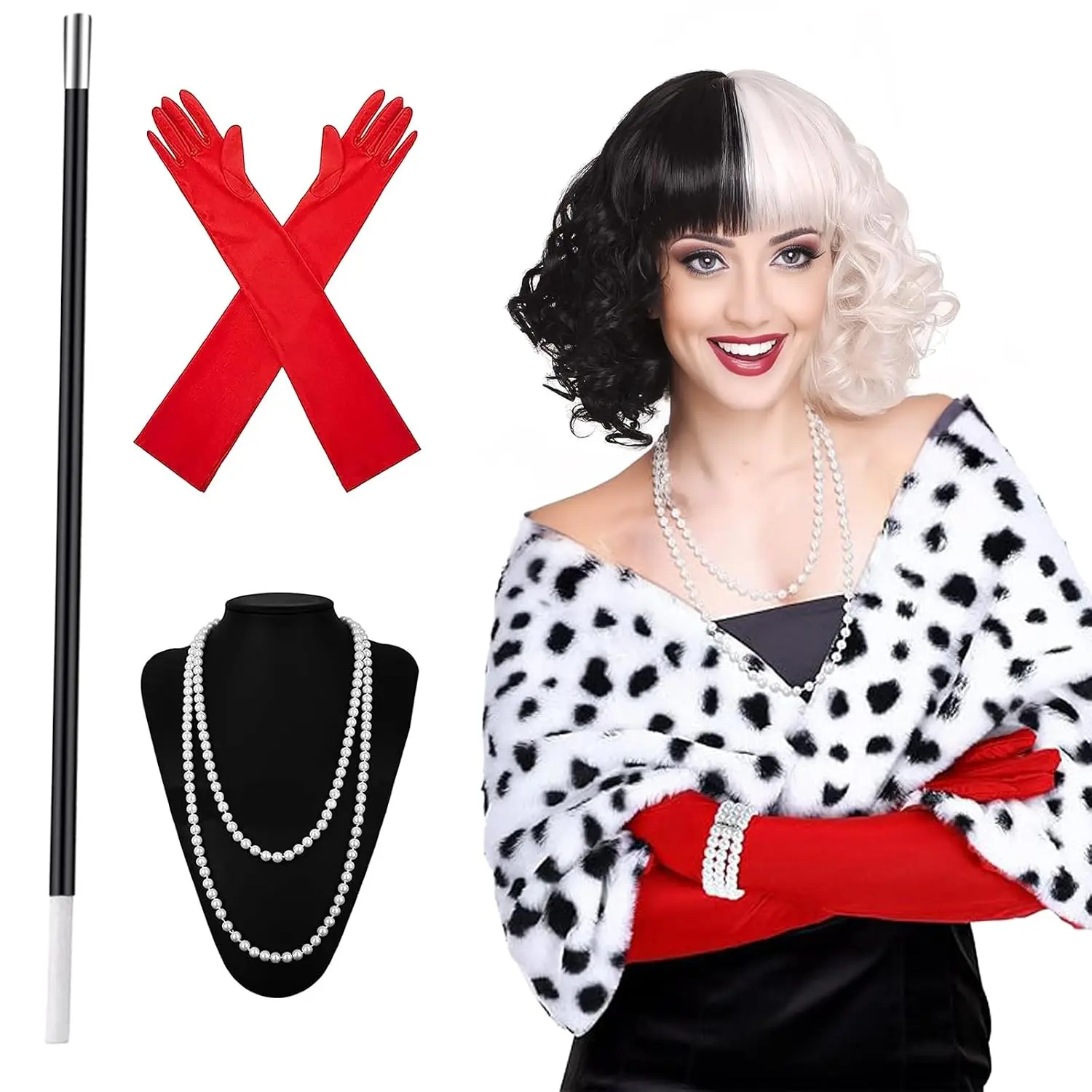 6Pcs Halloween Costume Women, Capelet Wig Gloves Necklace Wand Set | All-in-One Dalmatian Costume Set for Women, Halloween Costume Woman 2026, Ready-to-Wear Complete Party Look