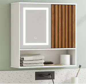 Bathroom Wall Cabinet with Light - Medicine Cabinet with Mirror, Wall Hanging Storage Cabinet, Adjustable Shelves, Open Compartment