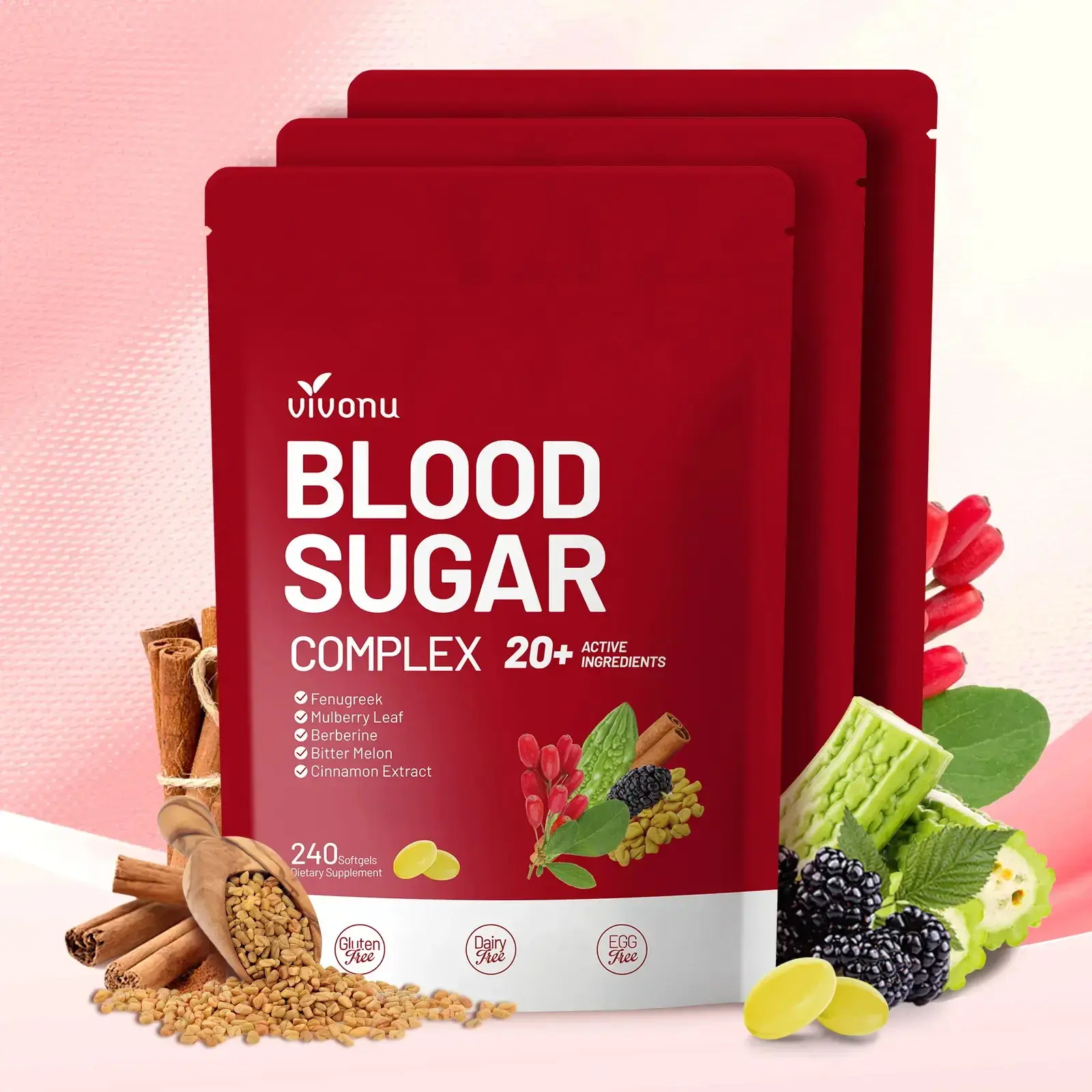 VIVONU BLOOD SUGAR COMPLEX –Blood Sugar Balance | Antioxidant Support | Metabolic Support | Enhanced Absorption | Bitter Melon + Turmeric + Cinnamon + Mulberry Leaf + Berberine + Fenugreek | 240 Capsules per Bag