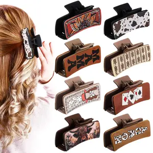 Western Hair Clips 8 Pcs Christmas Gift Set - Highland Cow Print, Leather Clips for Women, Long & Short Hair Accessories