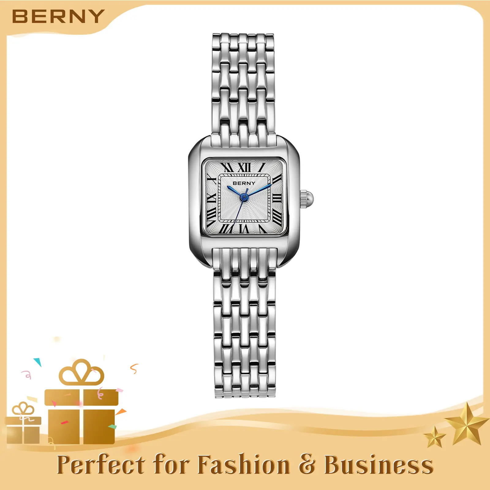 BERNY Silver Watches for Women Classic Square Quartz Timepiece Adjustable Stainless Steel Bracelet for Small Wrist Waterproof Roman Numerals Elegant Vintage Female Wristwatch for Business Casual Outfits Christmas Gift Reloj, Fashion Summer Accessories