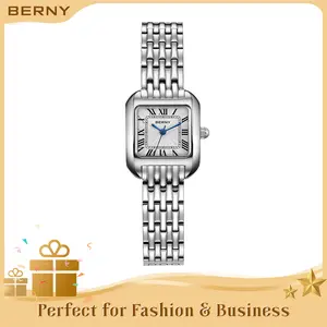 BERNY Silver Watches for Women Classic Square Quartz Timepiece Adjustable Stainless Steel Bracelet for Small Wrist Waterproof Roman Numerals Elegant Vintage Female Wristwatch for Business Casual Outfits Christmas Gift Reloj, Fashion Summer Accessories