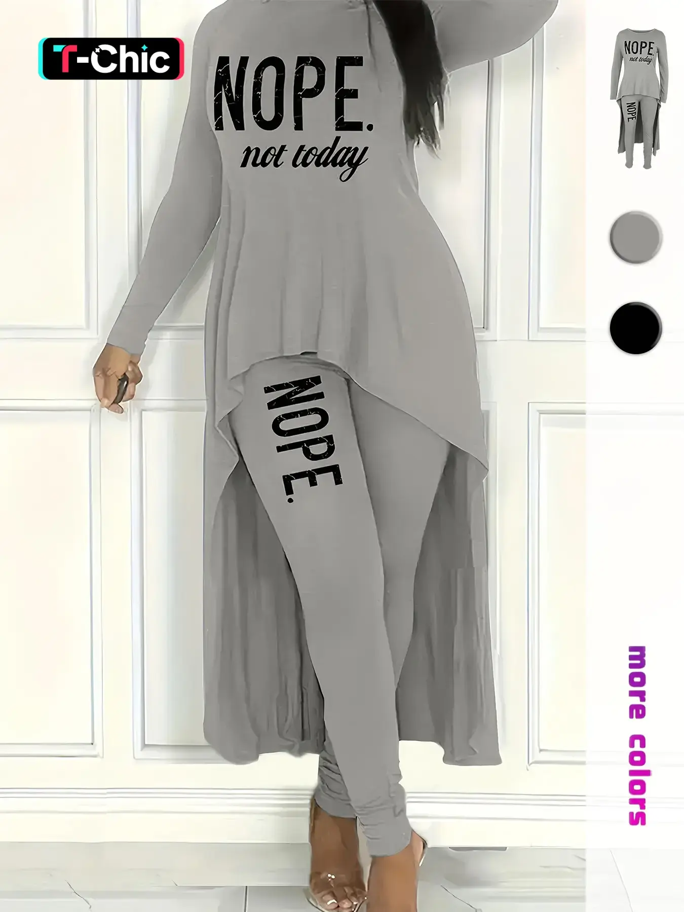 Women's Slogan Print Asymmetrical Hem Long Sleeve Round Neck Jersey Tee Top & Letter Print Comfy Pants Set, Casual Fashion Fitted Tight Sleeve Crew Neck Printed T-shirt & Trousers for Daily Wear, Ladies Spring & Fall Fit Clothes, Casual Style Set
