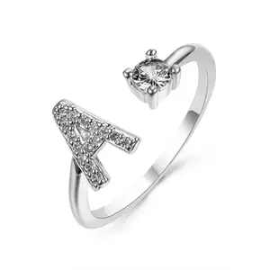Summer 2026 Creative Letter Cuff Ring with Artificial Zircon Decor, Adjustable Open Ring, Fashion Jewelry for Women & Girls