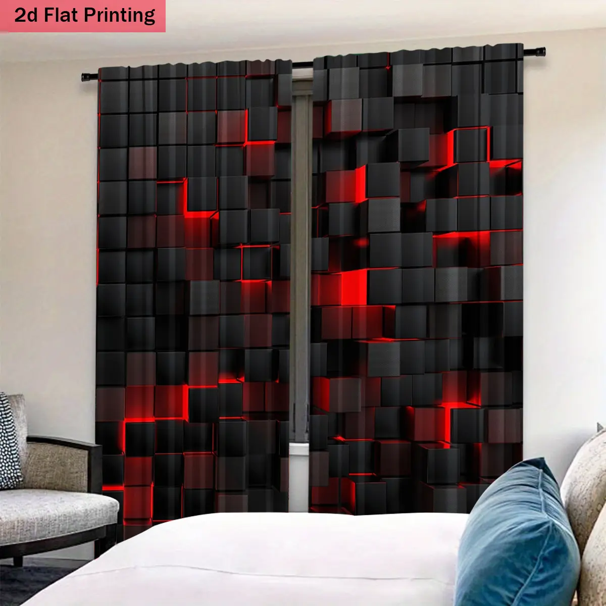 2pcs Geometric Lattice Pattern High-Definition Digital Print Curtains, Polyester Material, Easy Care, Semi-Transparent Privacy Protection, Window Drapes