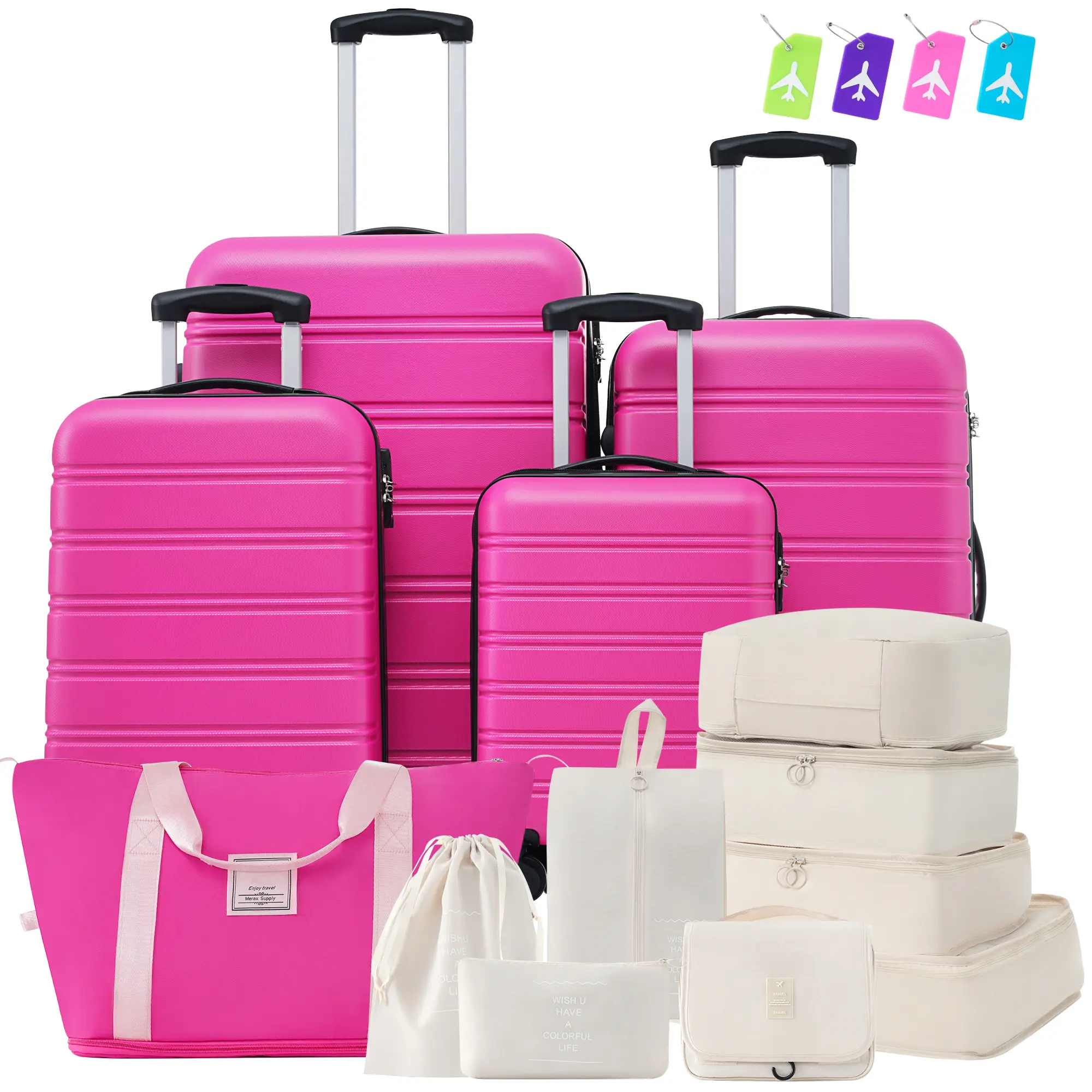 4-Pieces ABS Lightweight Rolling Luggage Travel Set (16/20/24/28in) - Scratch-Resistant Hard Shell, 3-Lever Silent Universal Wheels, TSA Combination Lock, Included Travel & Storage Bags, Ideal for Business Trips