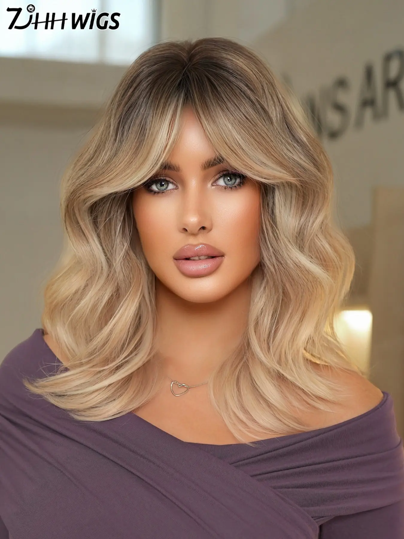 Shoulder Length Wavy Wigs for Women, Gorgeous Fluffy Hair Wigs with Bangs, Synthetic Full Machine Wigs for Party, Daily Use, Synthetic Fiber Wig, Artificial Wig