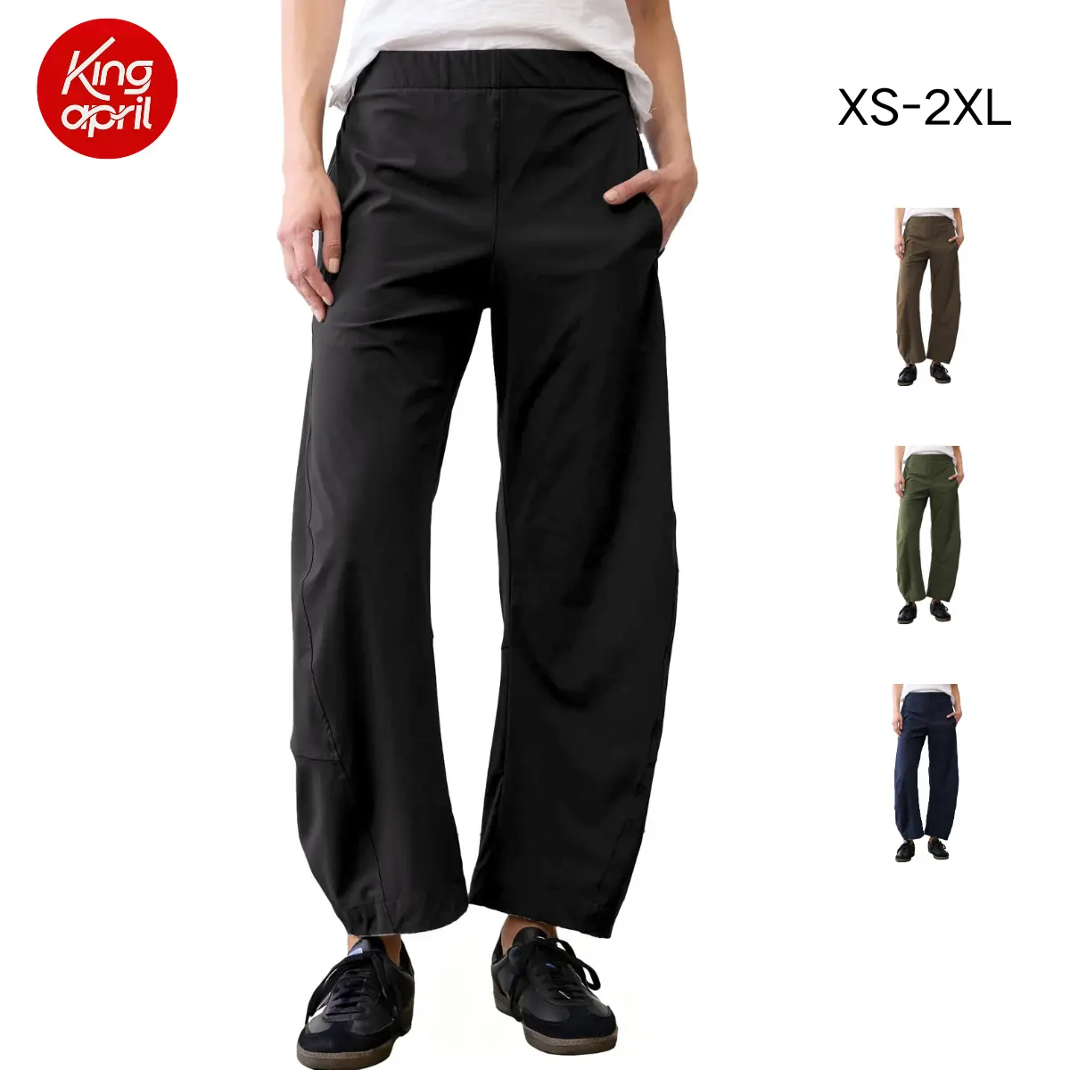 Kingapril Women Barrel Travel Pants Elastic Waistband Tapered Leg Baggy Mid Rise Work Trousers Lounge Pant with Pockets