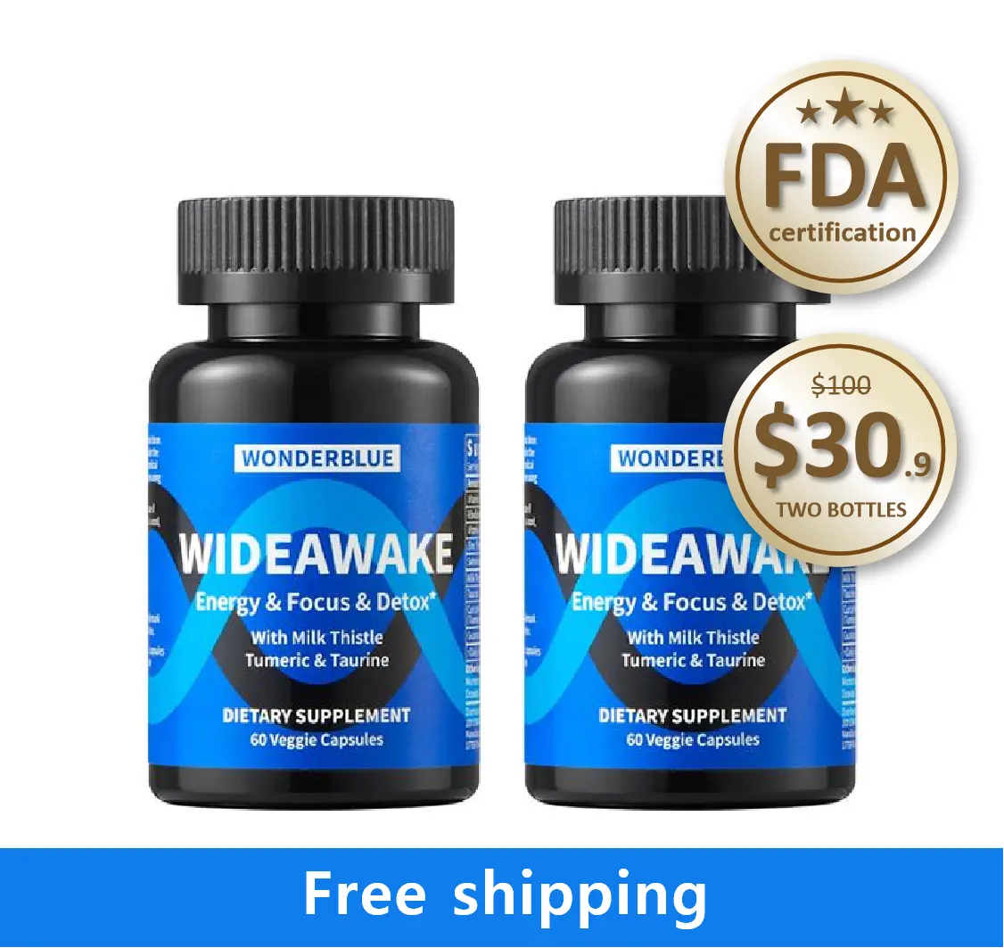 WONDERBLUE WideAwake Energy Focus Detox Supplement 60 Veggie Capsules FDA Certified Milk Thistle Turmeric Taurine Vegan Non-GMO Fathersdaygift