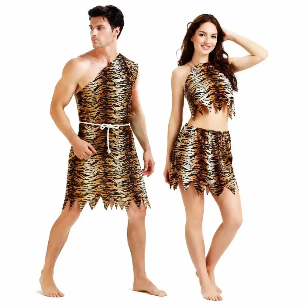 Caveman Costume For Men And Women Tiger Print Prehistoric Party Outfit Halloween Dress Up Set For Couples Cosplay Fun Wear