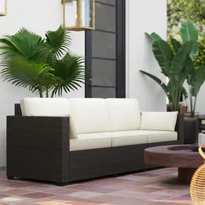 Patio Couch PE Wicker Deep Seating Outdoor Sofa with Removable Cushions, 3 Seater Rattan Sofa, Outdoor Furniture for Balcony, Deck, Garden and Poolside, Cream White