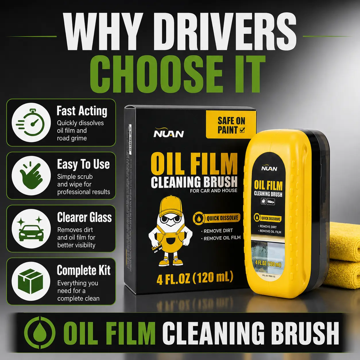 NUAN High-Performance Car Glass Oil Film Remover Multipack - Anti-Rain, All Vehicles Fit, 2pcs Windshield Surface Cleaner, Car Cleaning Products, Windshield Cleaner