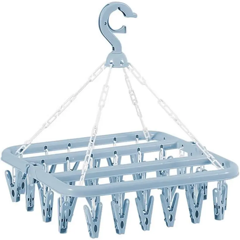 Plastic Folding Laundry Organiser Hanger with 32 Clips, Adjustable Stocking Hanger with Hook, Scandinavian Blue Hanging Drying Rack