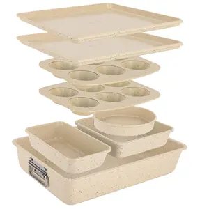 Nutrichef 8-Piece Nonstick Bakeware Set - Marble Cream | Space-Saving Stackable Carbon Steel Baking Pans - Oven Bakeware with Cookie Sheet, Muffin, Loaf, Round, Square & Deep Cake Pans – Dishwasher Safe & Easy-Clean - Kitchen Baking Accessory