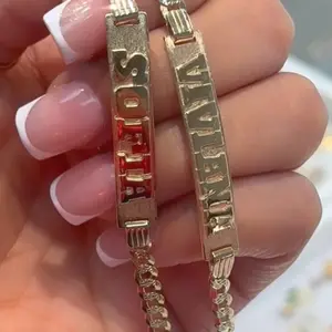 14k Cuban Curb Solid Link ID Bracelet with Customizable Letters for Personalized Style - Name Included, Nombre Incluido