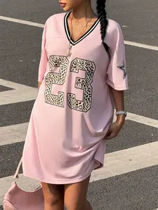Y2K Sweet Cool Leopard Print 23 Number Large Size Casual Jersey T-Shirt Dress, Mesh Breathable V-Neck Loose Sport Top, Plus Size American Style Daily/music Festival Wear