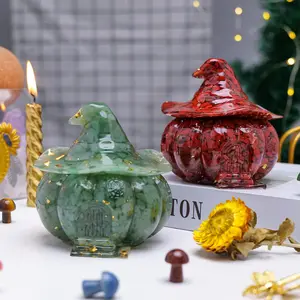 Natural Crystal Gravel Pumpkin House Statue Dropper Resin Reiki Stone Fengshui Halloween Gift, Witch Candy Box, Home Decoration, Crystal Carvings