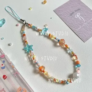 Kawaii Seaside Orange Sunset Phone Charm Strap CCD Camera Card Pendant DIY Beaded Handmade Keycord Cellphone Lanyard