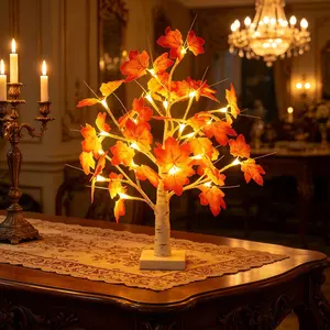 23.6inch Glowing Maple Leaf Birch Tree Decor, 24 LED Constant Light with Timer, Battery or USB Powered, Indoor Holiday Decoration