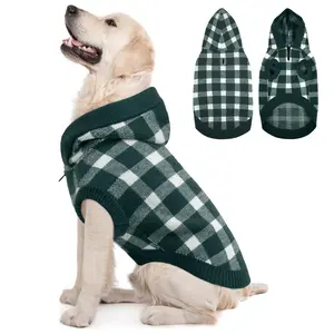 Kuoser Plaid Dog Sweater Hoodie, Warm Fleece Dog Sweaters for Small Dogs, Winter Knitwear Christmas Doggy Sweater, Cold Weather Pet Clothes for Girl Boy Dogs, Holiday Outfit and Gift