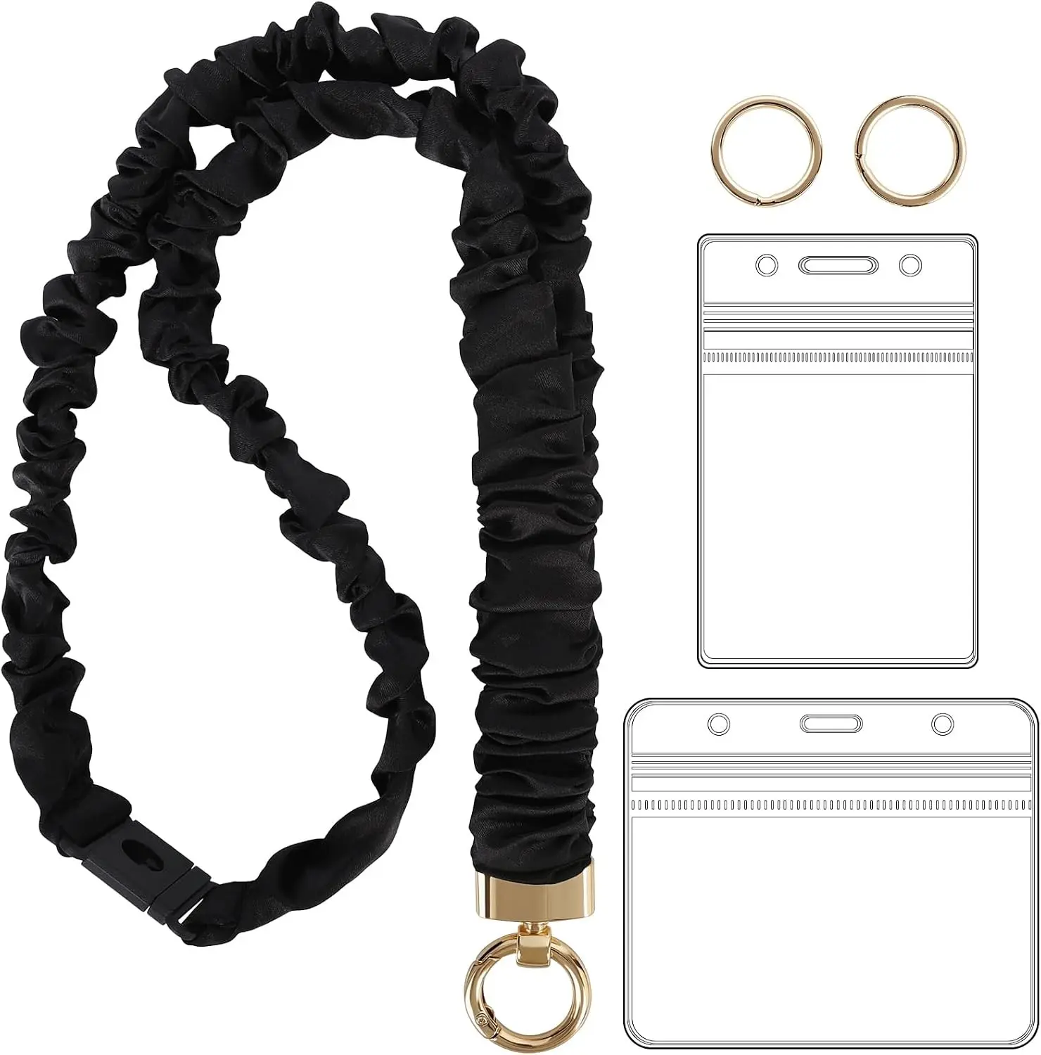 Breakaway Scrunchie Lanyard with Id Holder, Black | Stretchy Teacher Lanyard for Id Badges Car Keys, Comfortable Lanyard for Women Nurse Office Staff