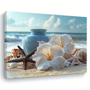 1 Piece Wooden Frame Canvas Wall Art - Ocean Treasure, with Starfish and Shells, Hangable Coastal Beach Scene Painting, 29.97x 39.88cm Horizontal Wall Decoration, Suitable for Living Room, Bedroom, Kitchen, Home Decoration, Perfect Gift for Bedroom Art|Th