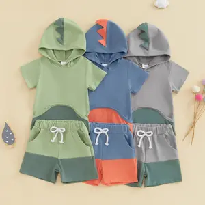 Toddler Baby Boy Summer Clothes Short Sleeve Hooded Dinosaur T-shirt and Elastic Waist Shorts Set Cute Summer Outfit 2Pcs