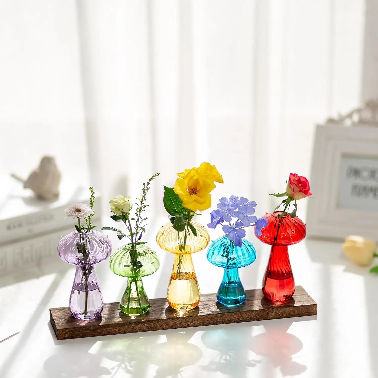 Nuptio 5-Piece Colorful Transparent Glass Mushroom Bud Vases with Wooden Tray, Decorative Design Vases for Colorful with Tray Whimsical Funky Unique Home Decor, Indoor Plant Planters, Whimsical Home Decor