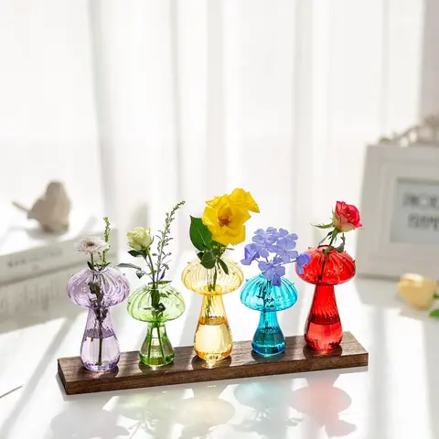 Nuptio 5-Piece Decorative Vase Set - Colored Translucent Glass Aesthetic Mini Vases with Sturdy Wooden Tray, 5-Pc Desk Styling, Botanical Aesthetic Room Decor for Plant Propagation & Root Visibility