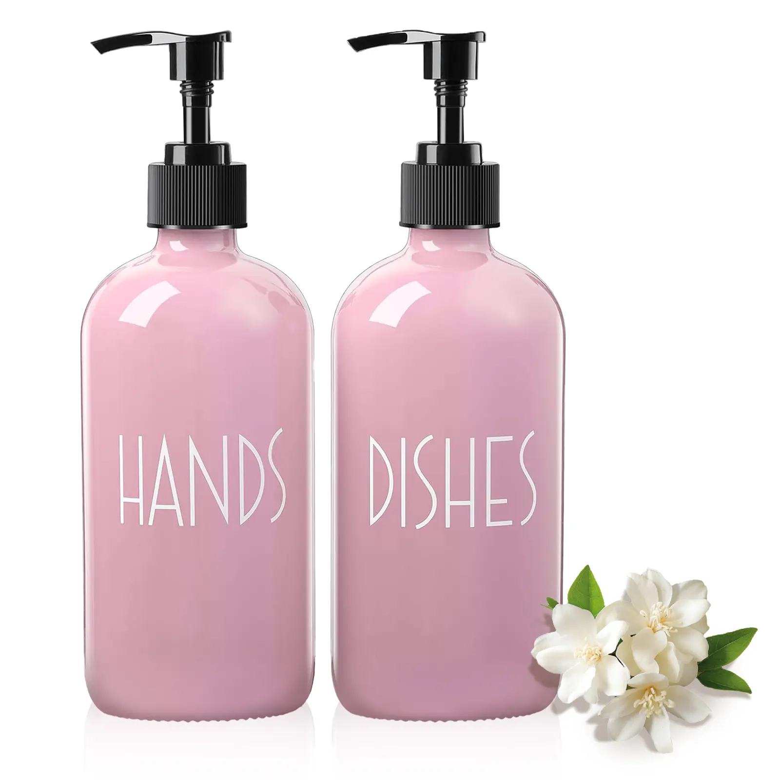 16oz Pink Glass Hand Soap Dispenser with Durable, Eco-Friendly Plastic Pump - Waterproof Bathroom Gadget, Enhances Decor, Stylish Addition to Kitchen/Bath Home Supplies, Bathrooms