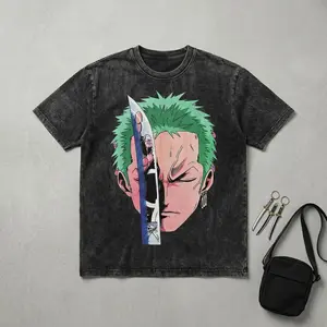 Vintage Anime Swordsman Washed Tee Oversized Graphic Shirt for Men | Y2K Streetwear Cotton Graphic Tee