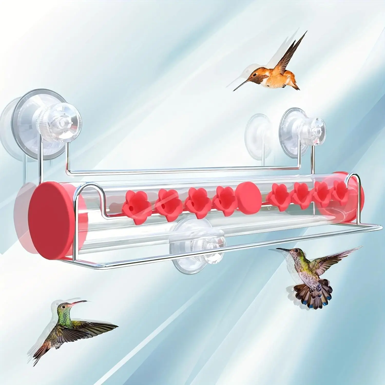 Clear Window Hummingbird Feeder, Suction Cup Hummingbird Feeder with 8 Counts Feeding Ports & Perches, Close-up Viewing Clear Tube Window Bird Feeder,