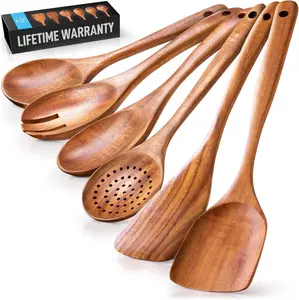 best 6pcs Kitchen 6-Piece Wooden Utensil Set - Teak Wood Spoons and Spatulas - Non-Stick, Oil-Safe, Aesthetic Design for Cooking and Serving, best cooking tools, cooking tools, tools, food making spoon, big size spoons, big spoons