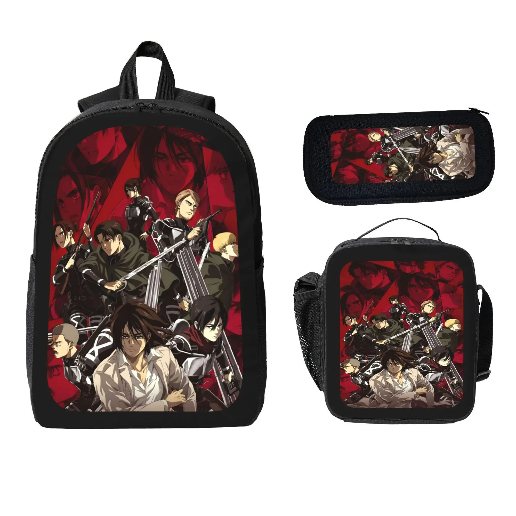 3Pcs Anime Theme Backpack Set, Attack on Titan Male Student Zippered Ergonomic School Daypack, Travel Rucksack for Back To School