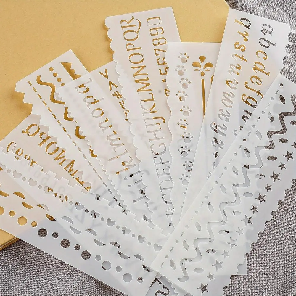 Letter and Border Drawing Stencil, Letter Stencils, 8 Counts/set Reusable Hollow Out Drawing Stencil, Drawing Template for DIY Diary & Handmade Craft, Crafting Kit, DIY Card Set, Scrapbook Materials, Scrapbooking Supplies, Scrapbooking, Scrapbooking Tool