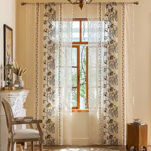 1pc Vintage Floral Embroidered Lace Trim Curtains, Window Curtain, Soft Colors, Elegant Design, Perfect for Cozy Bedrooms & Home Offices