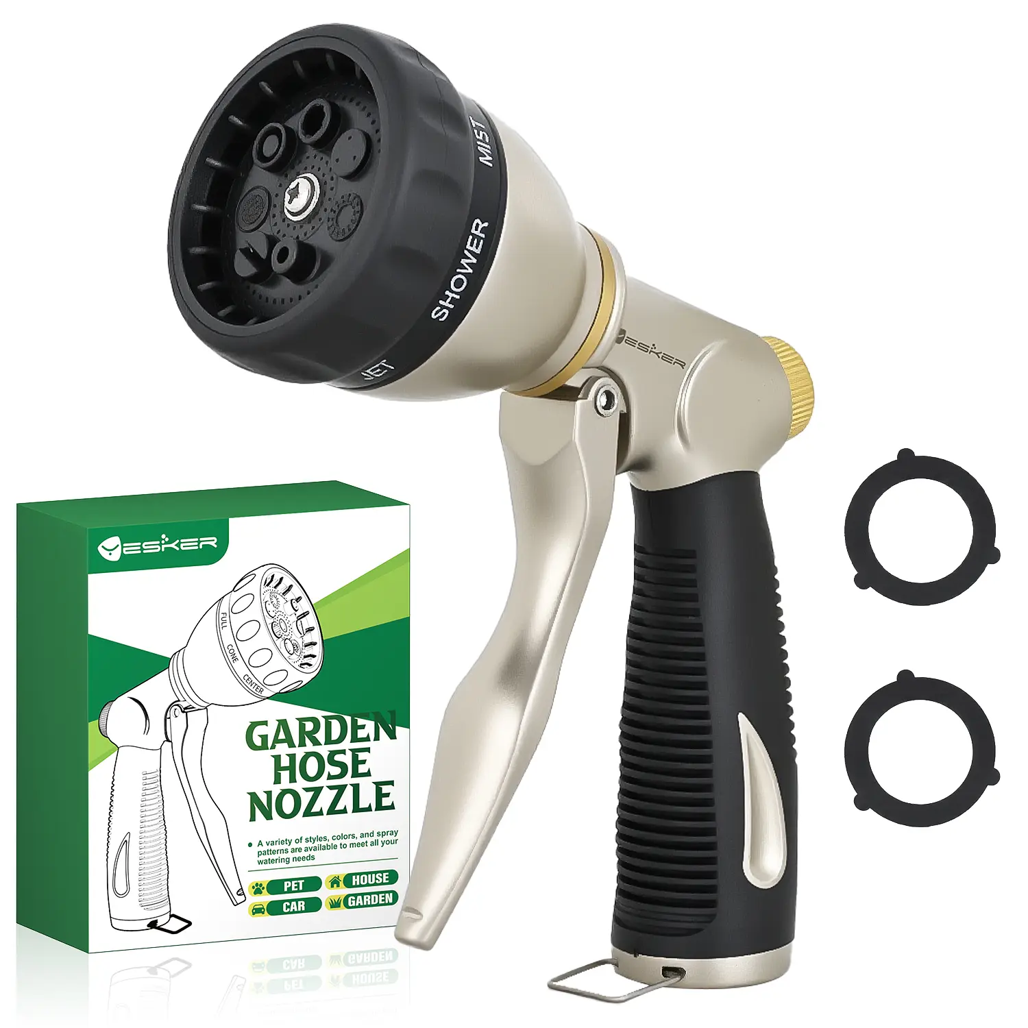 Yesker Garden Hose Nozzle, Water Hose Sprayer Nozzle Adjustable 7 Spray Patterns Heavy Duty Metal Water Nozzles for Hose Outdoor with Non-Slip Rubber Grip for Watering Plants Lawns Washing Cars Pets