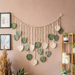 Macrame Wall Hanging Boho Decor Handwoven Leaf Tapestry, Tropical Leaf Design, Background Wall Art for Living Room Bedroom Restaurant Office