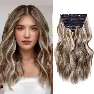 Clip in Hair Extensions for Women 14 Inch Short Wavy Curly Medium Brown Ash Blonde Hairpieces Full  Synthetic Hair Hairpieces (6PCS, Medium Brown Ash Blonde)