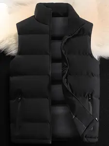 Men's Solid Color Zip Up Vest Coat, Casual Funnel Neck Sleeveless Outerwear for Daily Wear, Men's Clothes for All Seasons, Gilet