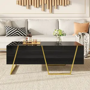Modern Black Coffee Table with Storage Drawers, High Gloss / Mirror Top with Gold & Metal Base for Living Room
