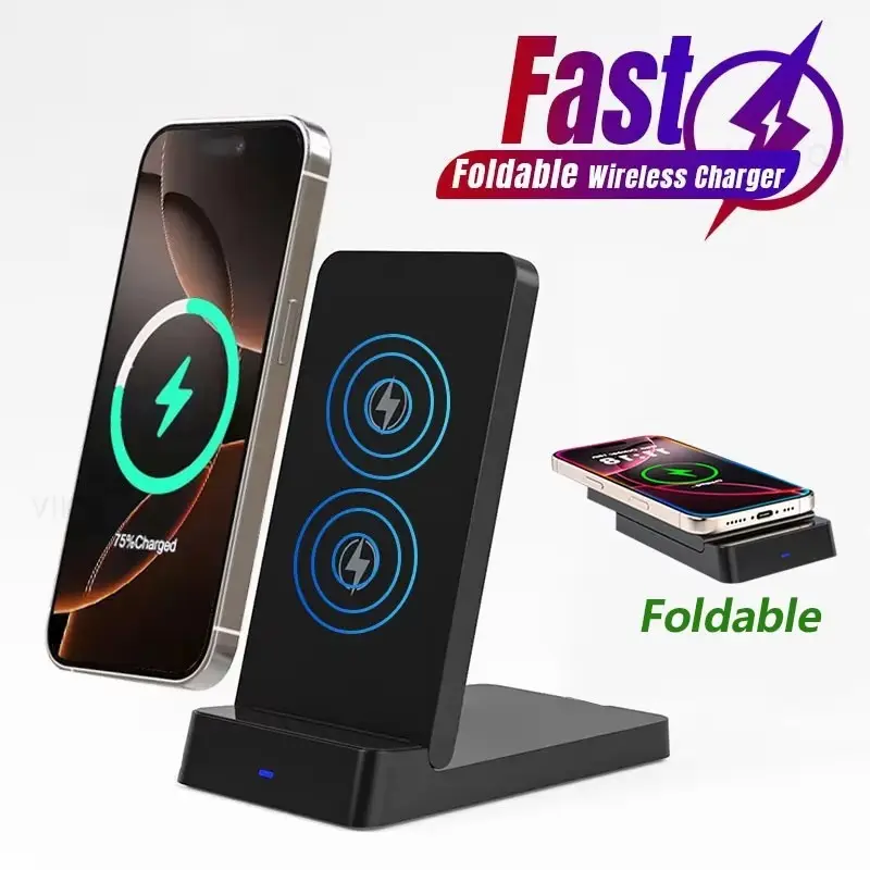 Wireless Charger Stand Dual Coil Foldable Electronic Charging Station Dock Desktop Mobile Phone Holder, Universal Compatibility, For iPhone 17-12 Pro Max Mini, Airpods, Samsung Galaxy S25-S23 Note Z Flip, Xiaomi Android, Desktop Smartphone Mount