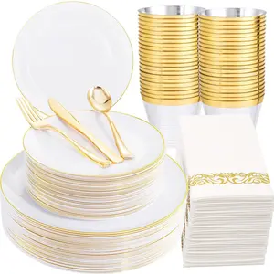 Gold/SilverDisposable Plates and Silverware Set: Dinner Plates,Dessert Plates, Cups,Napkins,Knife, forks, spoons 70 of each.-Perfect for Party