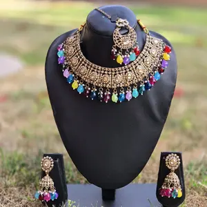 Bollywood Style Multi Polki Combo Sets Necklace Earrings and Tika for Women with Colorful Beads and Intricate Design