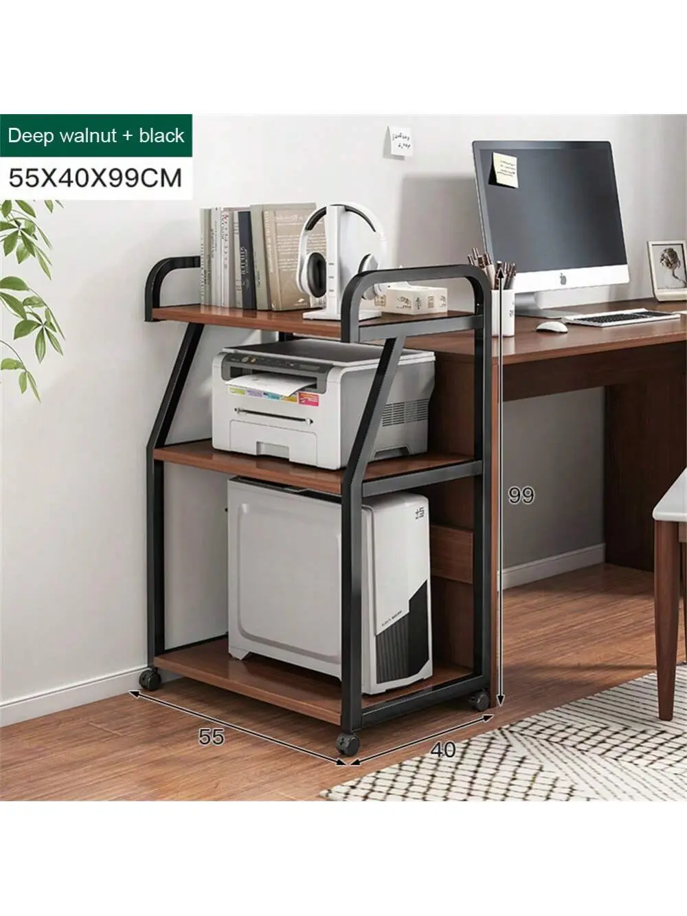 Gaomon 3-Tier Large Smooth Steel Rolling Cart with Wheels - Multifunctional Home Office Computer Desk Stand for 3D Printer, Heat Press, Laser Printer, Plant Room Sofa Side Use