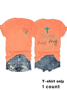 Women's Cross & Letter Print Round Neck Tee, Casual Short Sleeve Crew Neck T-shirt for Summer, Ladies Clothes for Daily Wear, Womenswear