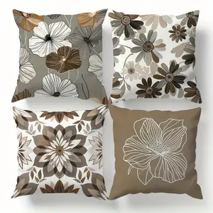 4pcs Modern Geometric Floral Pillow Covers, Earthy Tones & Neutral Palette for Living Room, Bedroom, Sofa Decor, Single-Sided Print, No Insert Included