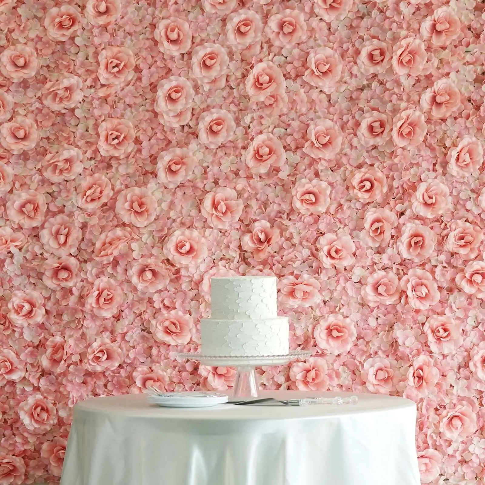 Blush and Cream 3D Silk Rose & Hydrangea Wall Panel Wallpaper, 4-Piece Artificial Flower Wall Mat Backdrop, 11 Sq Ft